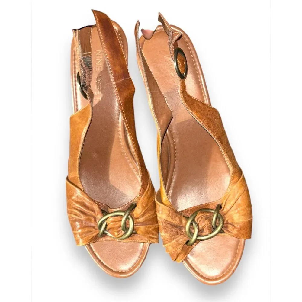 Y2K Vintage sz 9.5 Nine West Womens Brown Leather Accent Open Toe Wedge Sandals